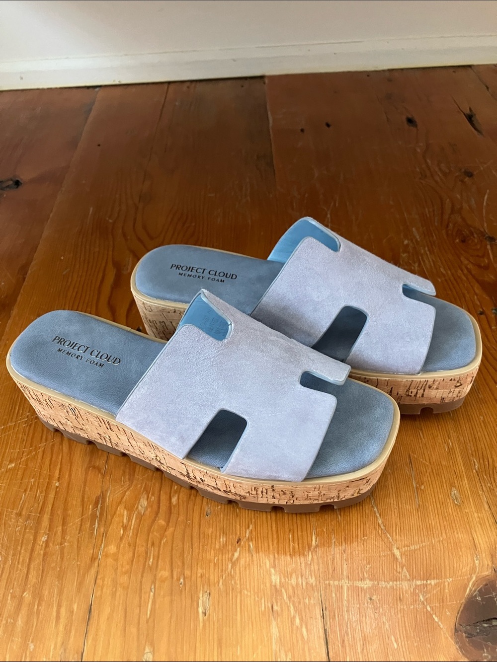 Project Cloud Light Blue Cork Platform Slide Mules